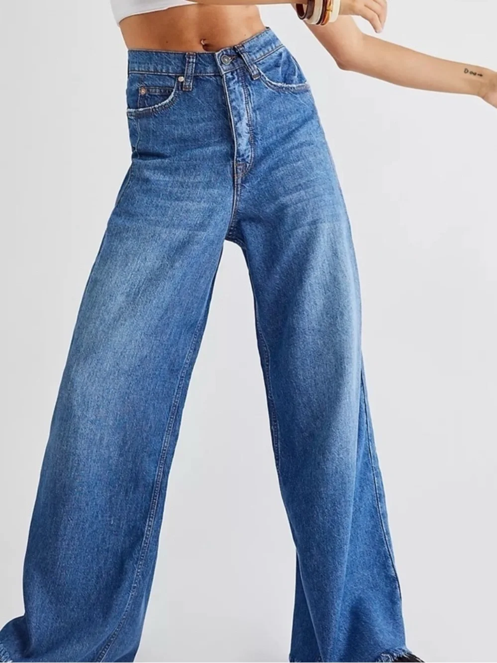 Free People Old West Slouchy Wide Leg Jeans Blue 24 SHORT